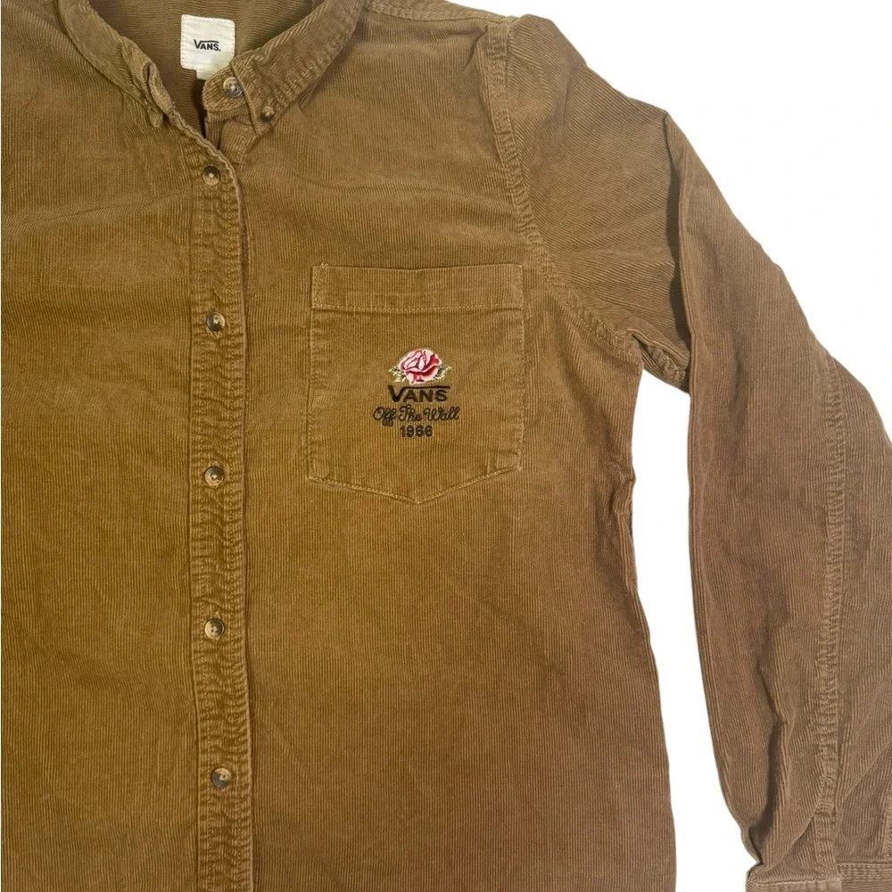 Vans XL Brown Corduroy Button-Up Shirt‎ Embroidered Logo Skate Style - Picture 3 of 9